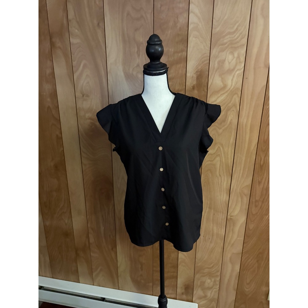 Emery Rose Black V-Neck Ruffle Cap Sleeve Button Front Blouse Medium‎